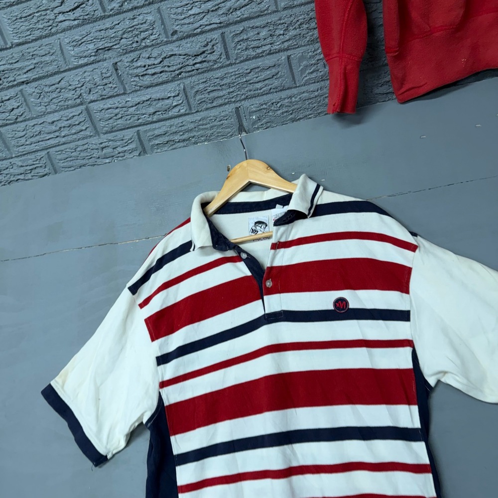 Vintage Mecca USA Striped Polo Shirt Mens Medium Red White Navy Blue 90s Hip Hop